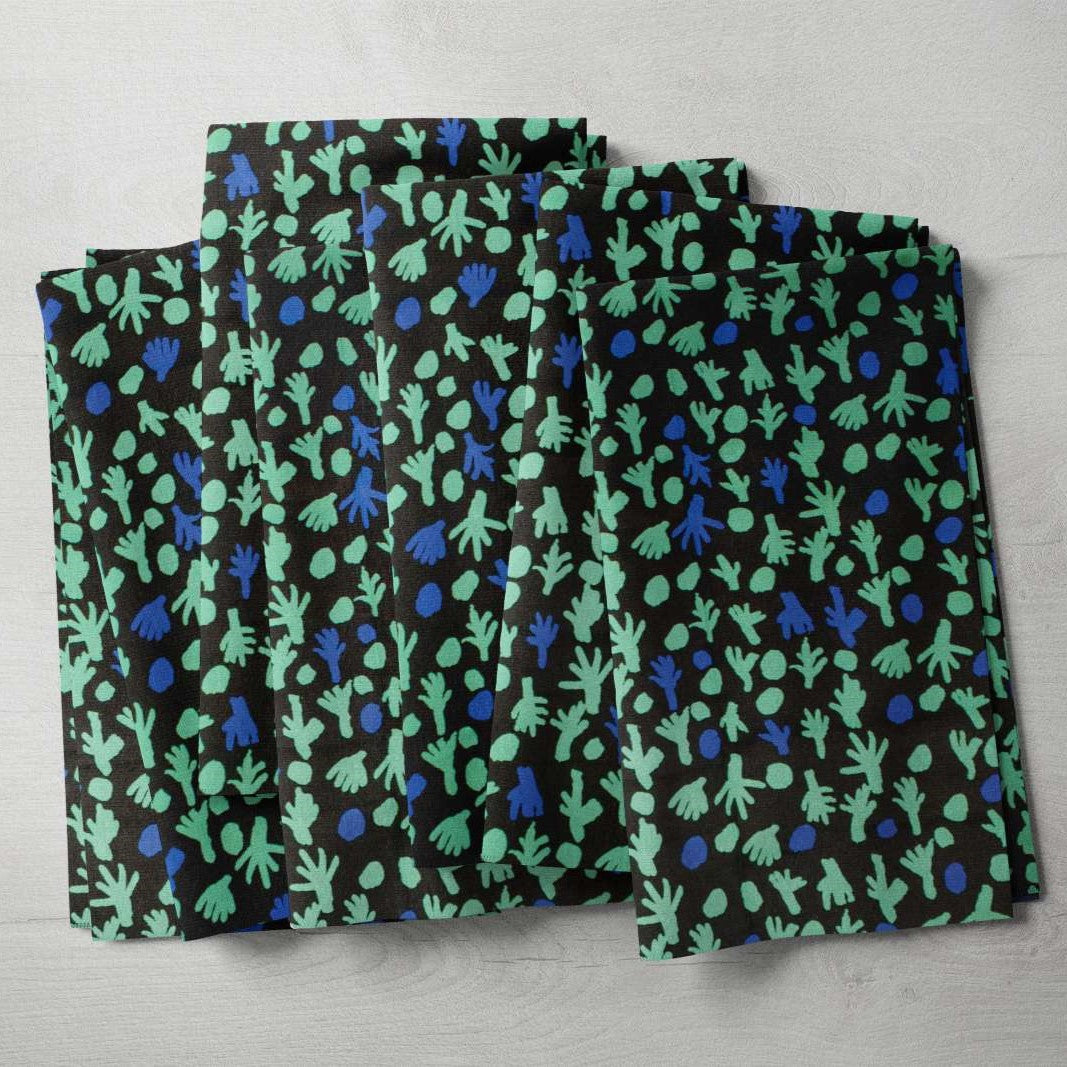 Trees at Talaalpi Fabric - Teal and Blue on Black (Tuscany Linen) 50cm