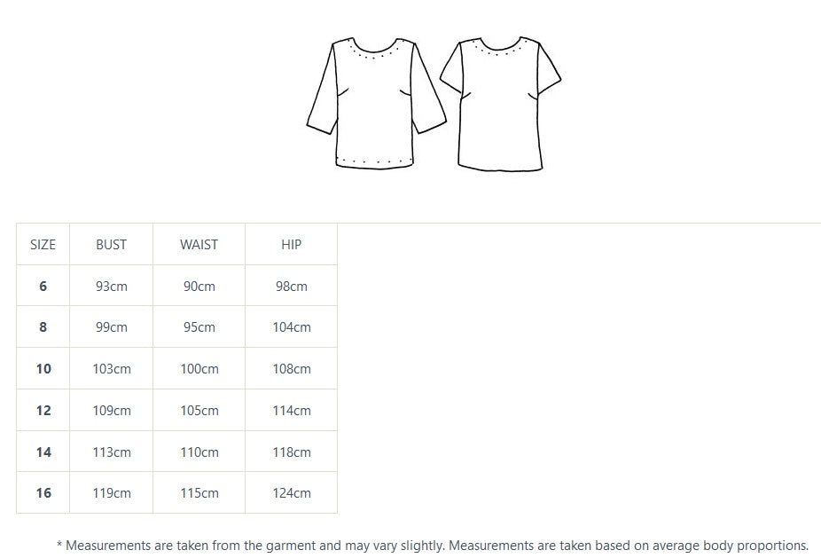 Audrey Top size chart