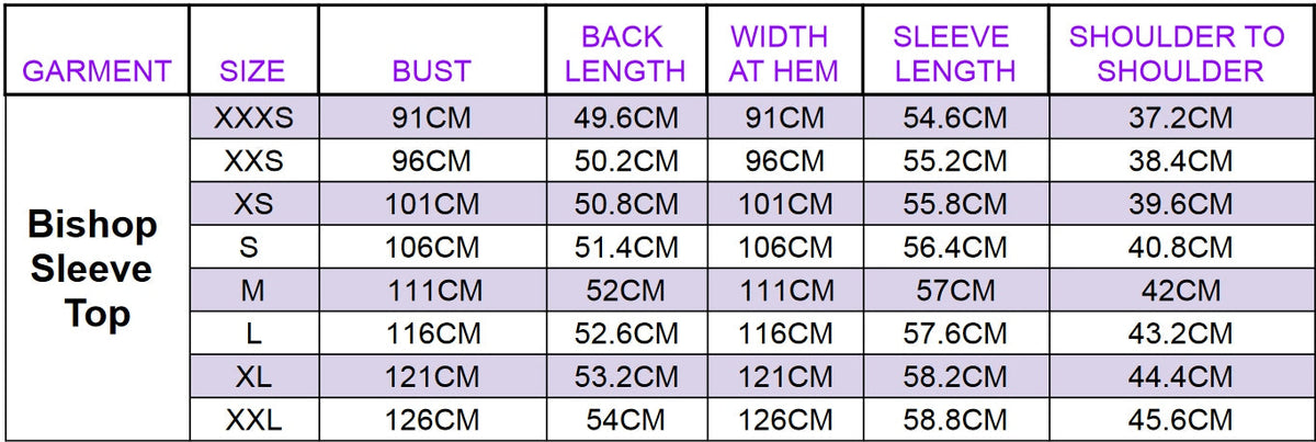 Bishop Sleeve Top size chart