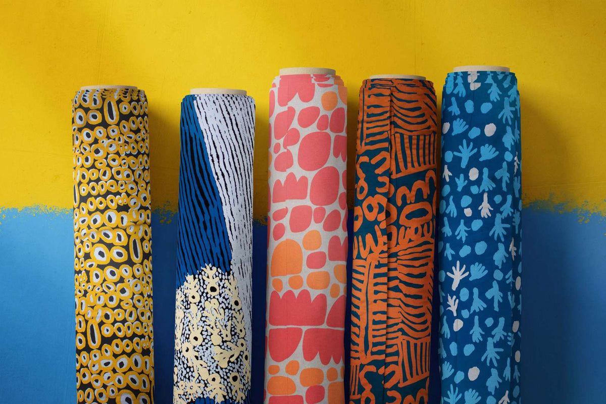 Kuruyultu (3 Colours) Fabric - Blues and White on Black (Tuscany Linen) 50cm