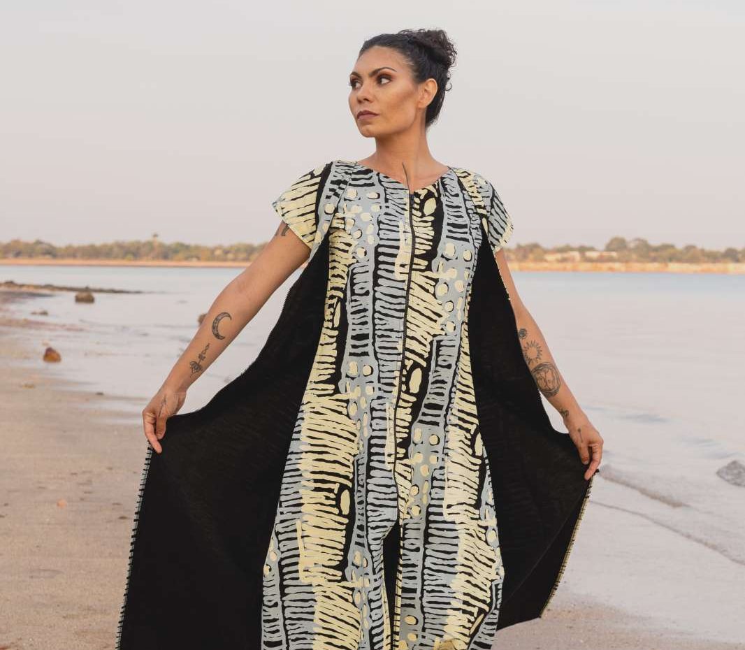 Kalipinpa Fabric - Grey and Cream on Black (Tencel Linen) 50cm