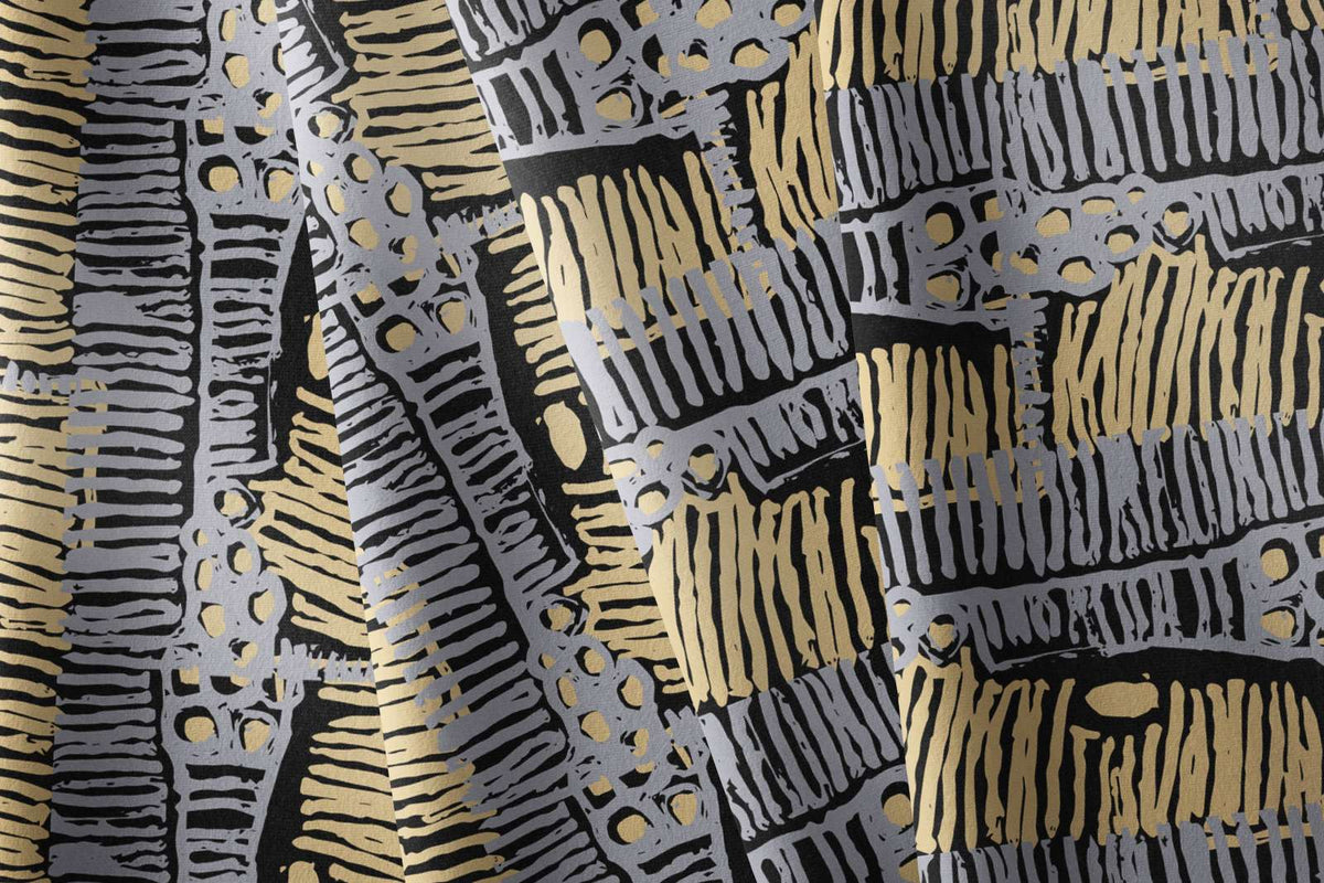 Kalipinpa Fabric - Grey and Cream on Black (Tencel Linen) 50cm