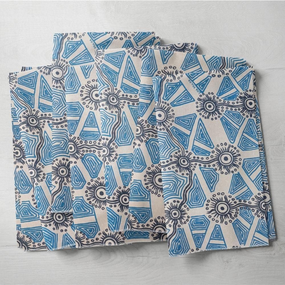 Tali at Kungkayunti Fabric – Blues on Hessian (Linen) 50cm 2