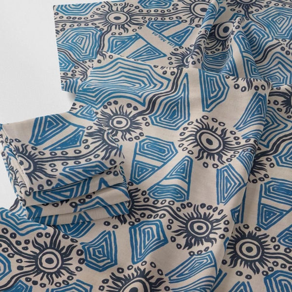 Tali at Kungkayunti Fabric - Blues on Hessian (Linen/Cotton) 50cm ...