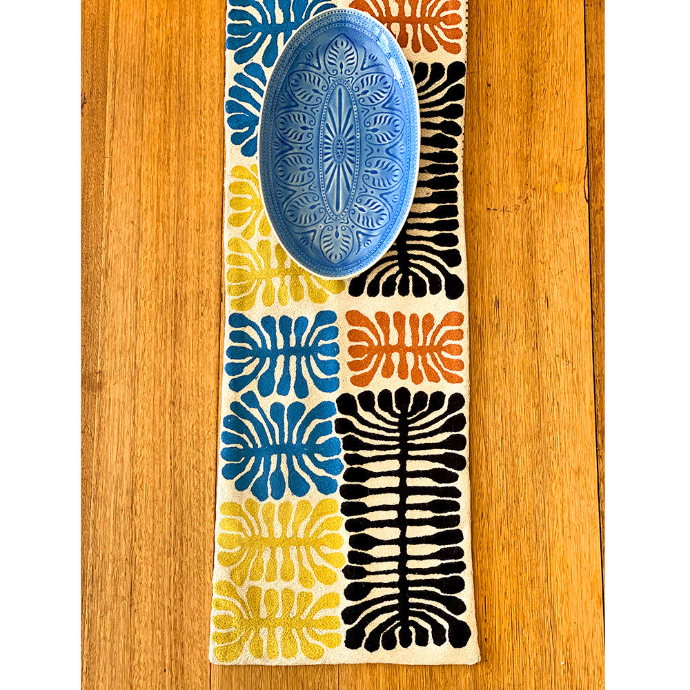 Watiya Black Orange Mustard Blue Wool table runner