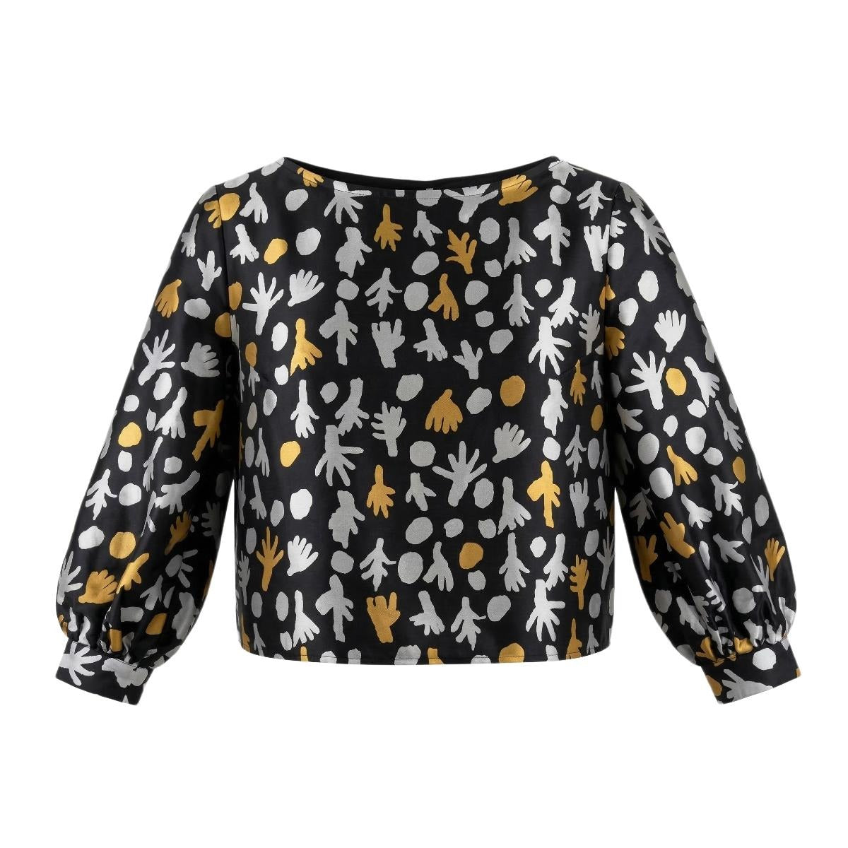 Trees at Talaalpi - Bishop Sleeves Top - Silver and Gold on Black (Silk)