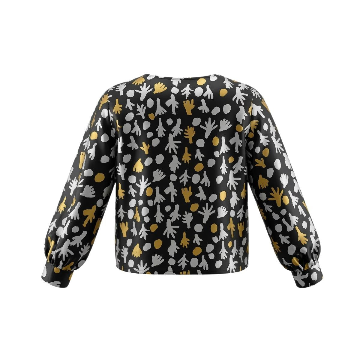 Trees at Talaalpi - Bishop Sleeves Top - Silver and Gold on Black (Silk)