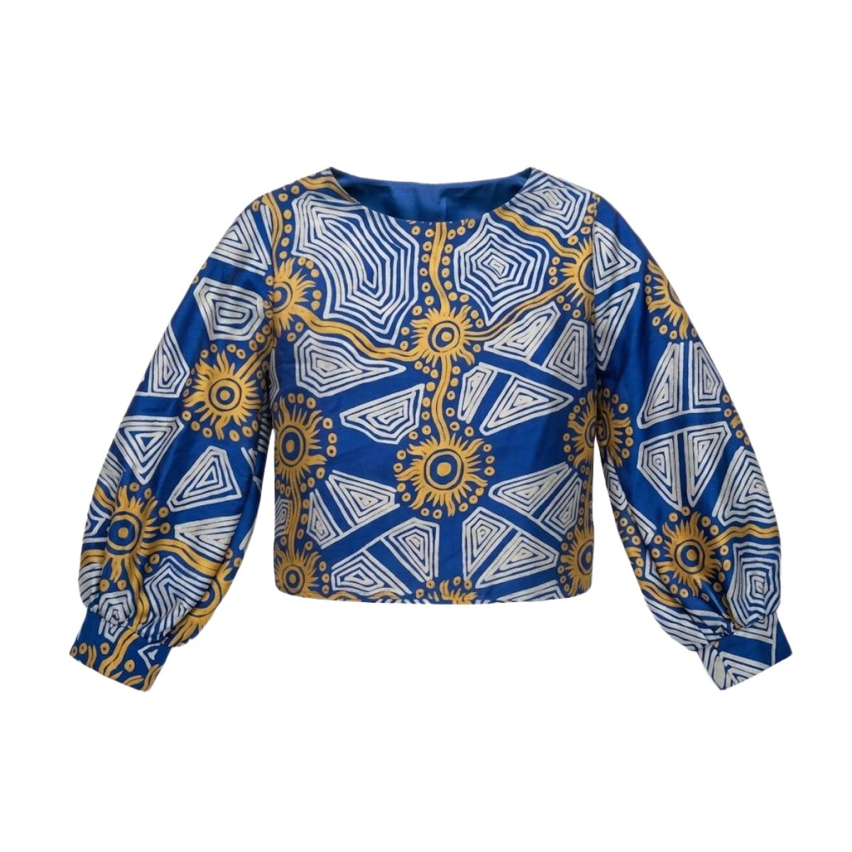 Tali at Kungkayunti - Bishop Sleeves Top - Gold and Silver on Blue (Silk)