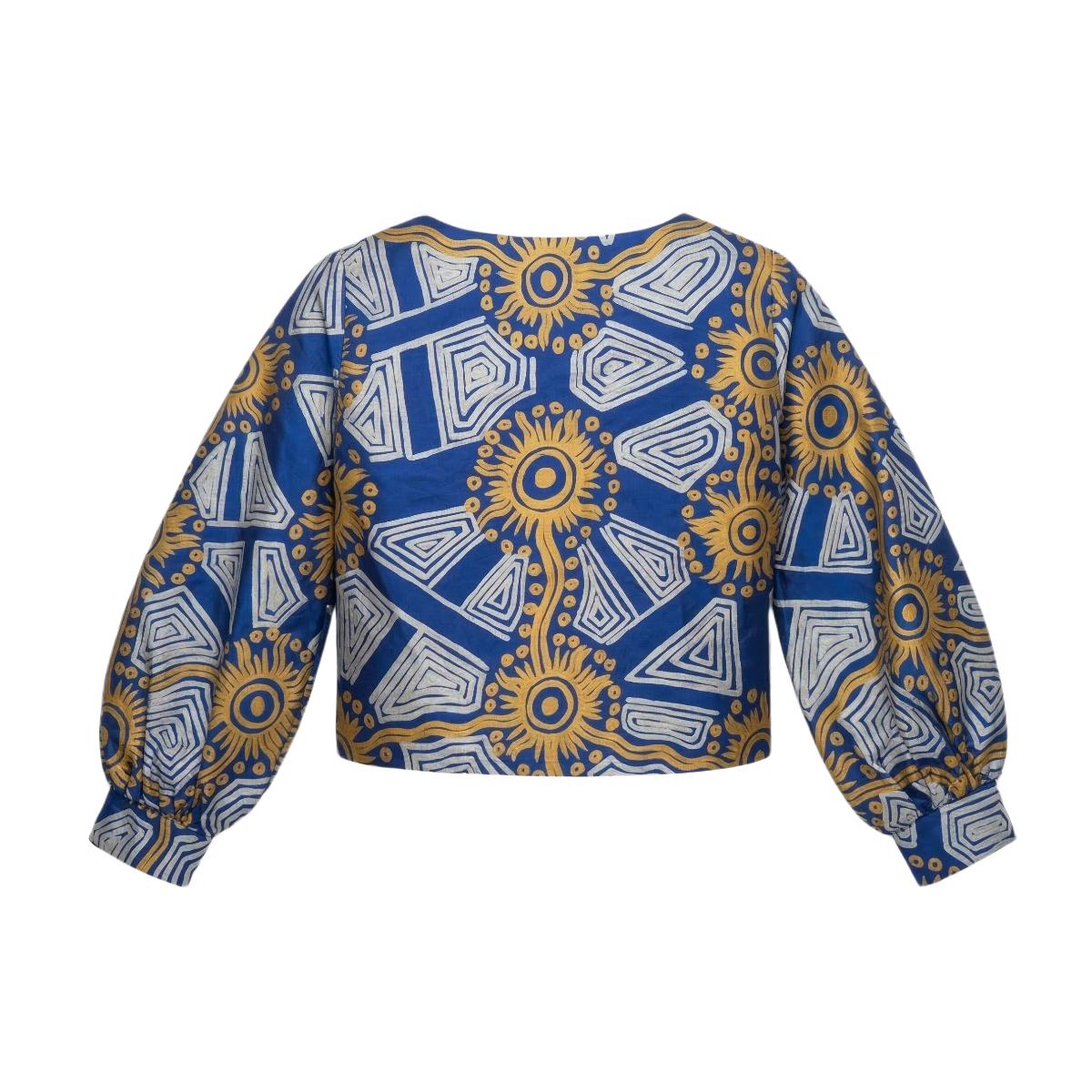Tali at Kungkayunti - Bishop Sleeves Top - Gold and Silver on Blue (Silk)