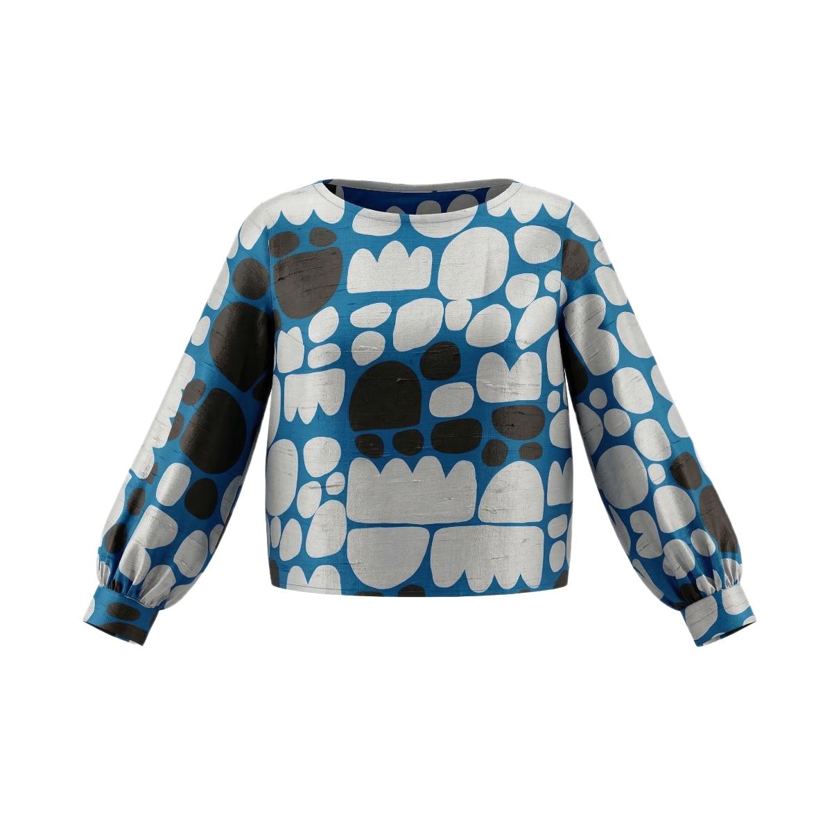 Puli Puli - Bishop Sleeves Top - Silver and Black on Blue (Silk)