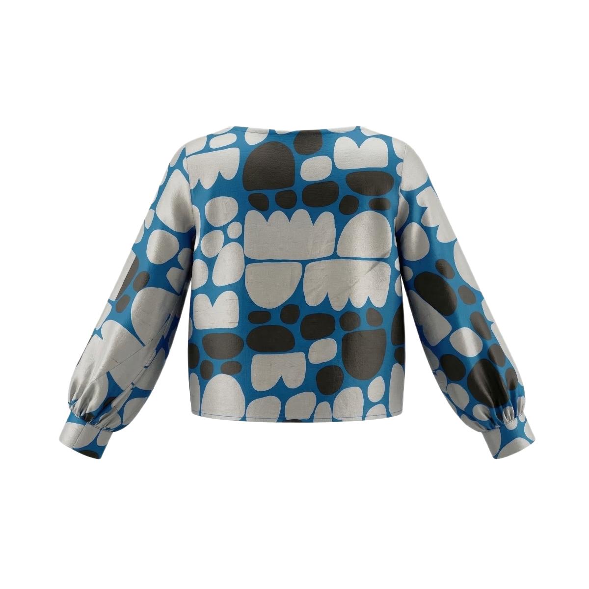 Puli Puli - Bishop Sleeves Top - Silver and Black on Blue (Silk)