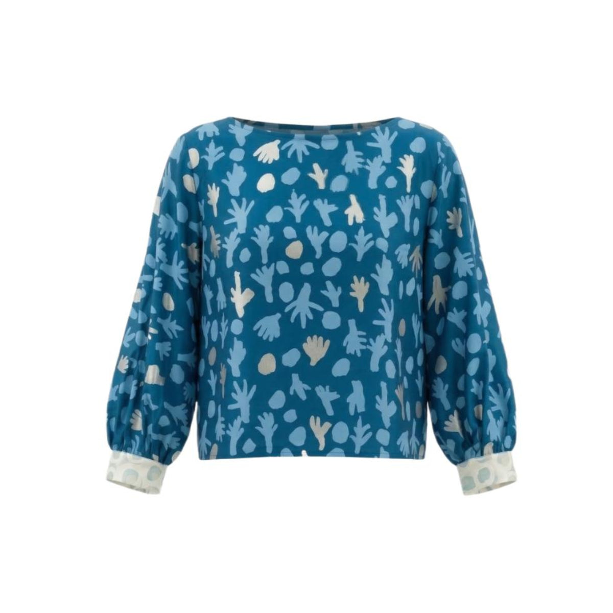Trees at Talaalpi and Rockholes - Bishop Sleeves Top - Silver and Light Blue on Blue and ivory (Silk)