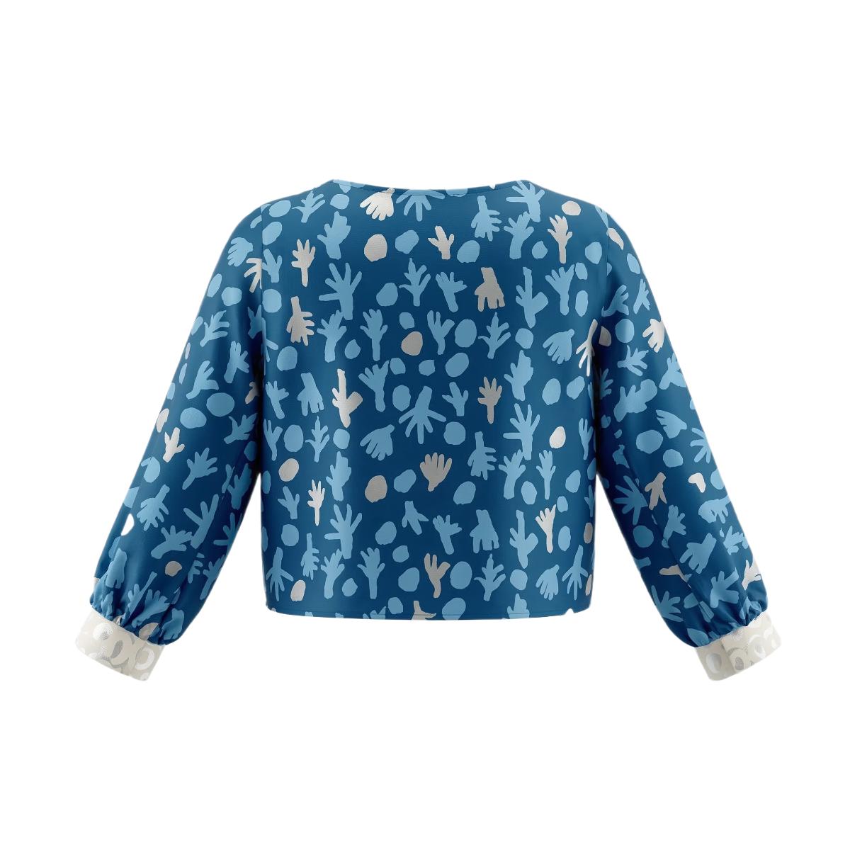 Trees at Talaalpi and Rockholes - Bishop Sleeves Top - Silver and Light Blue on Blue and ivory (Silk)