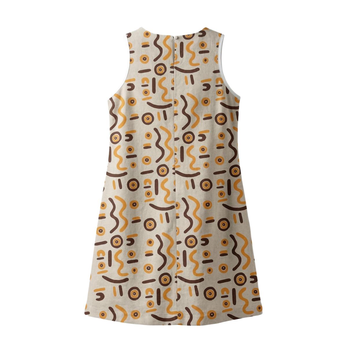 Wirliyajarrayi - A-Line Mini Dress - Yellow and Brown on Natural (Linen)