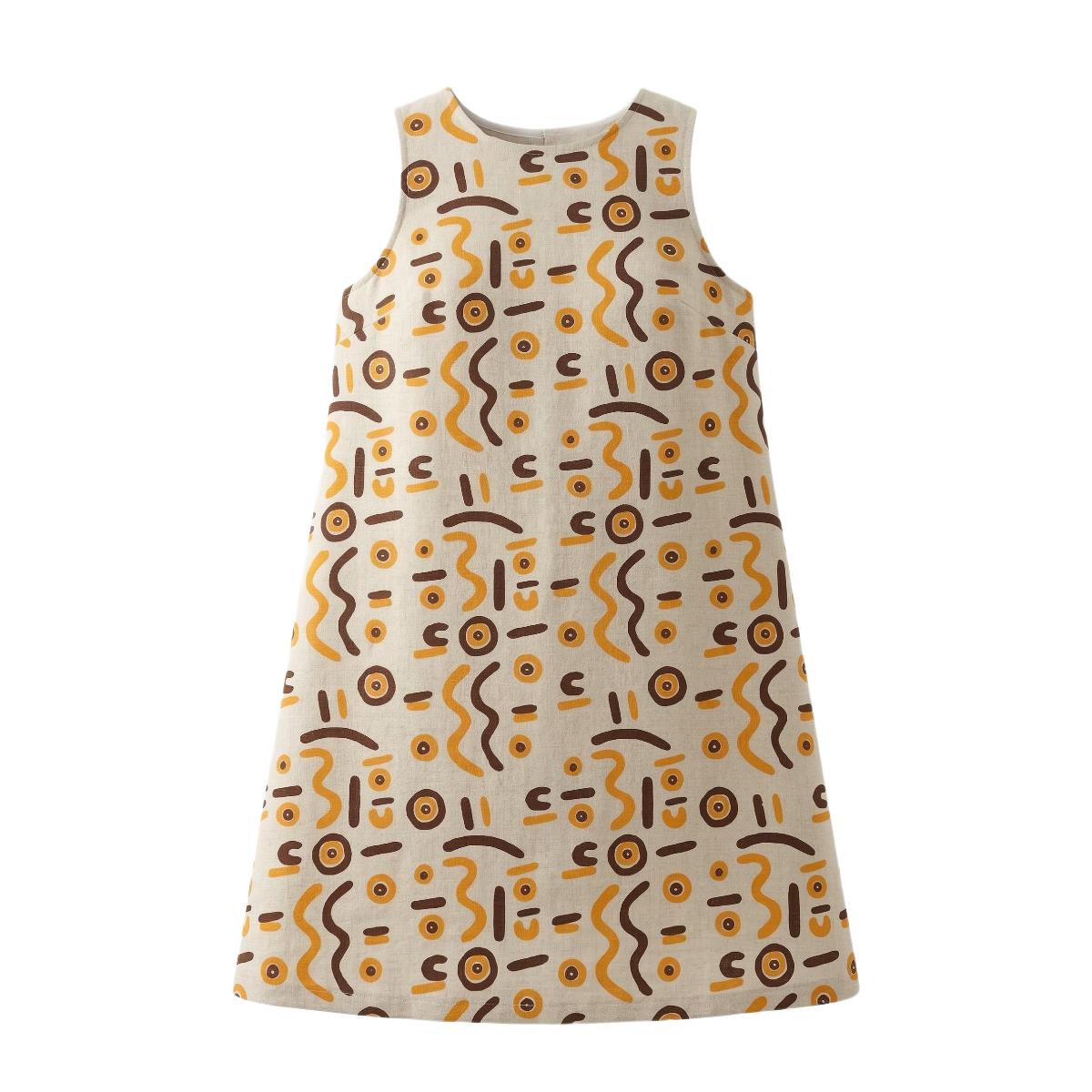 Wirliyajarrayi - A-Line Mini Dress - Yellow and Brown on Natural (Linen)