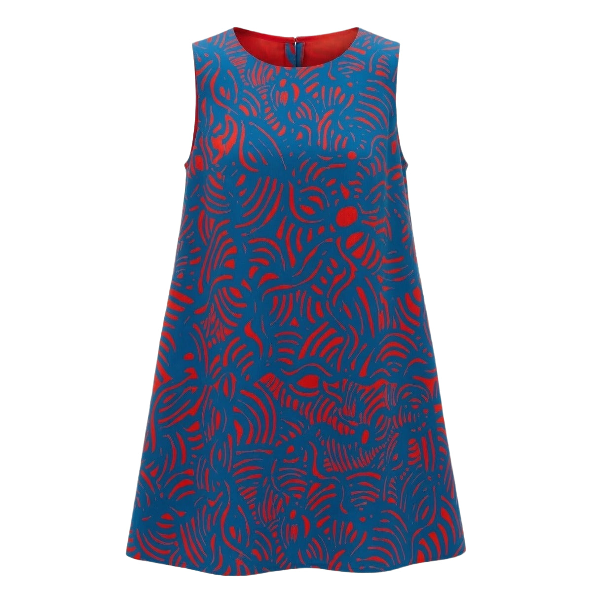 Papa Tjukurrpa - A-Line Mini Dress - Peacock Blue on Red (Linen)