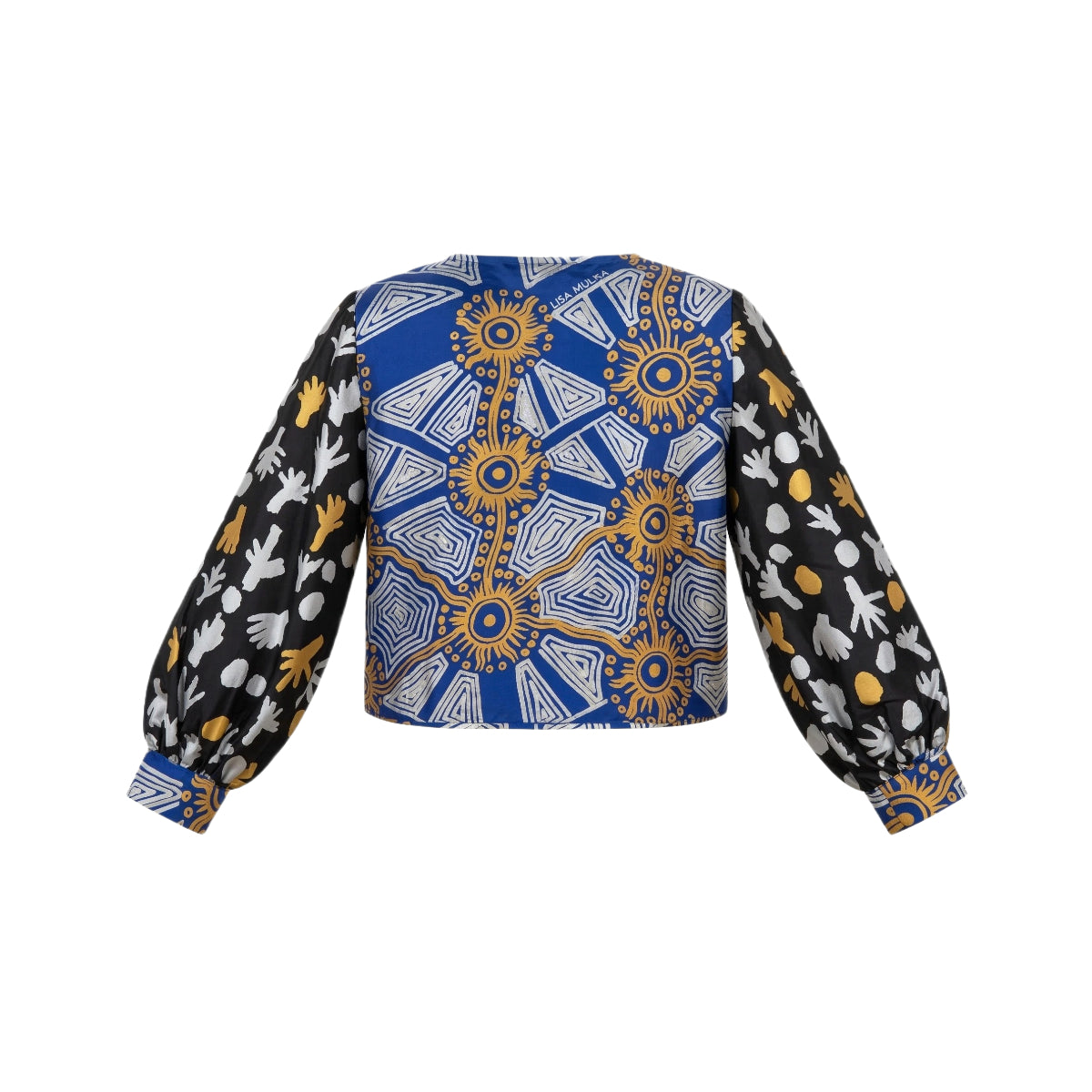 Trees at Talaalpi and Tali - Bishop Sleeves Top - Silver and Gold on Black and Blue (Silk)