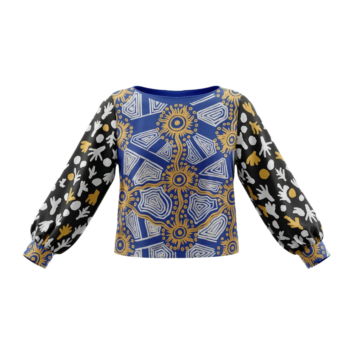 Trees at Talaalpi and Tali - Bishop Sleeves Top - Silver and Gold on Black and Blue (Silk)